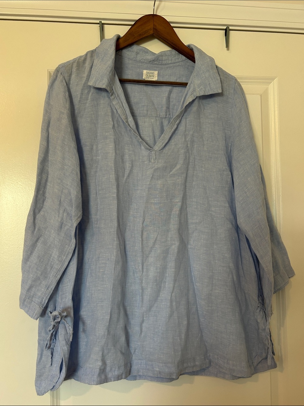 Sigrid Olsen 100% Linen Split V-Neck Popover Tunic Blouse Light Blue Side Tie